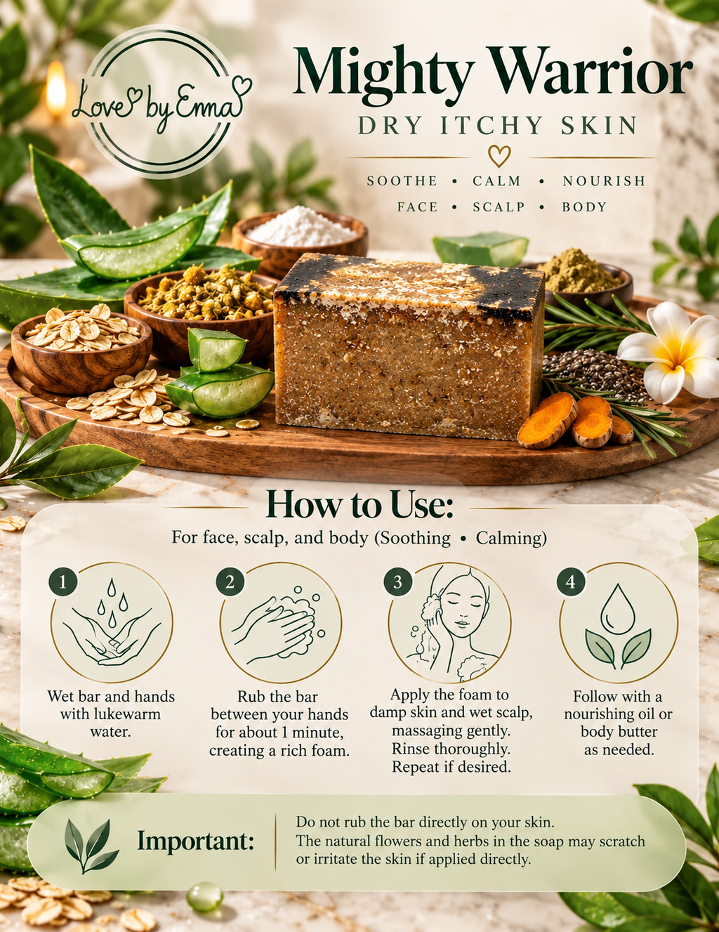 LOVEBYEMMASKINCARE Mighty Warrior soothing soap bar for itchy skin and scalp, showing the rectangular soap with branding.
