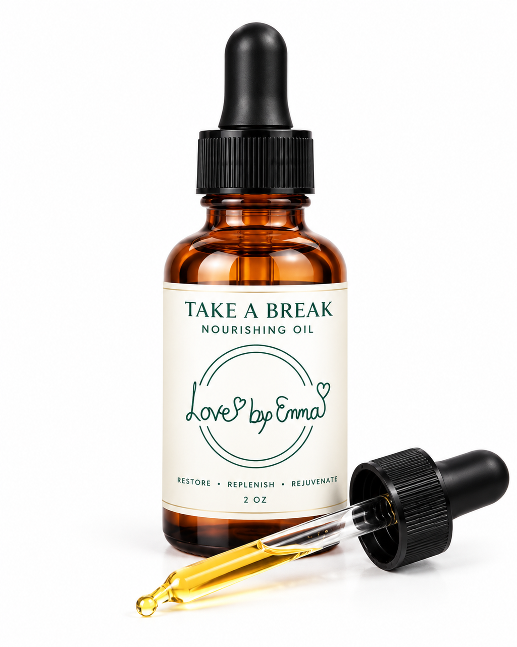 Take A Break Organic Nourishing Oil by LOVEBYEMMASKINCARE, a natural nourishing oil bottle with a dropper for skincare use.