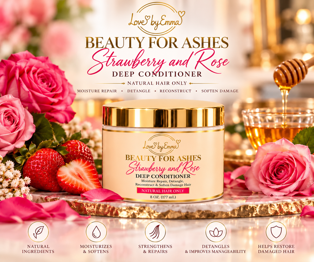 LOVEBYEMMASKINCARE Beauty For Ashes Deep Conditioner jar with black and silver packaging, showcasing the product label and design.