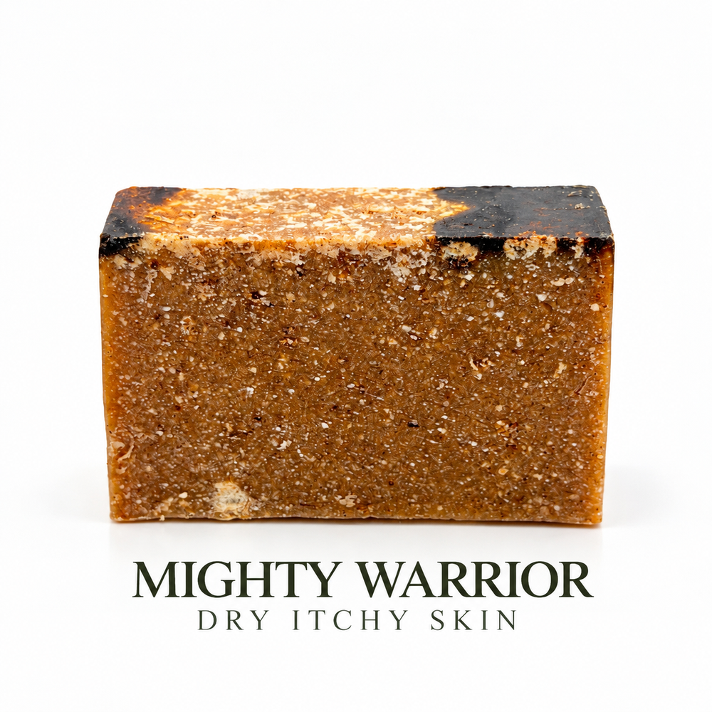 LOVEBYEMMASKINCARE Mighty Warrior soothing soap bar for itchy skin and scalp, with natural ingredients and gentle cleansing.
