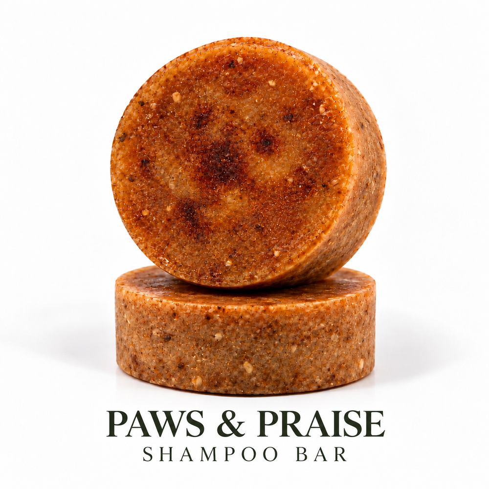 Lovebyemmaskincare Paws & Praise Pet Shampoo Bar, natural dog shampoo with soothing ingredients, shown in a clear soap bar image.
