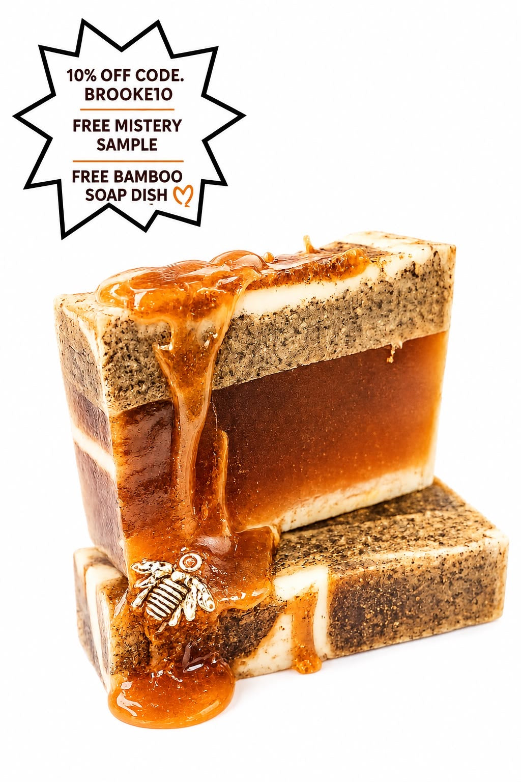 Holy Forever manuka honey and hyaluronic acid soap bar stacked, amber honey center with textured beige layers