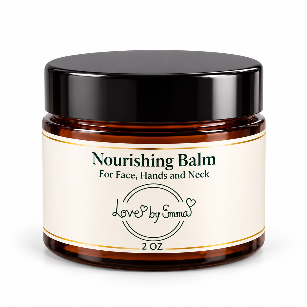 LOVEBYEMMASKINCARE nourishing balm for face, neck, and hands in a jar with cream texture and clean packaging.