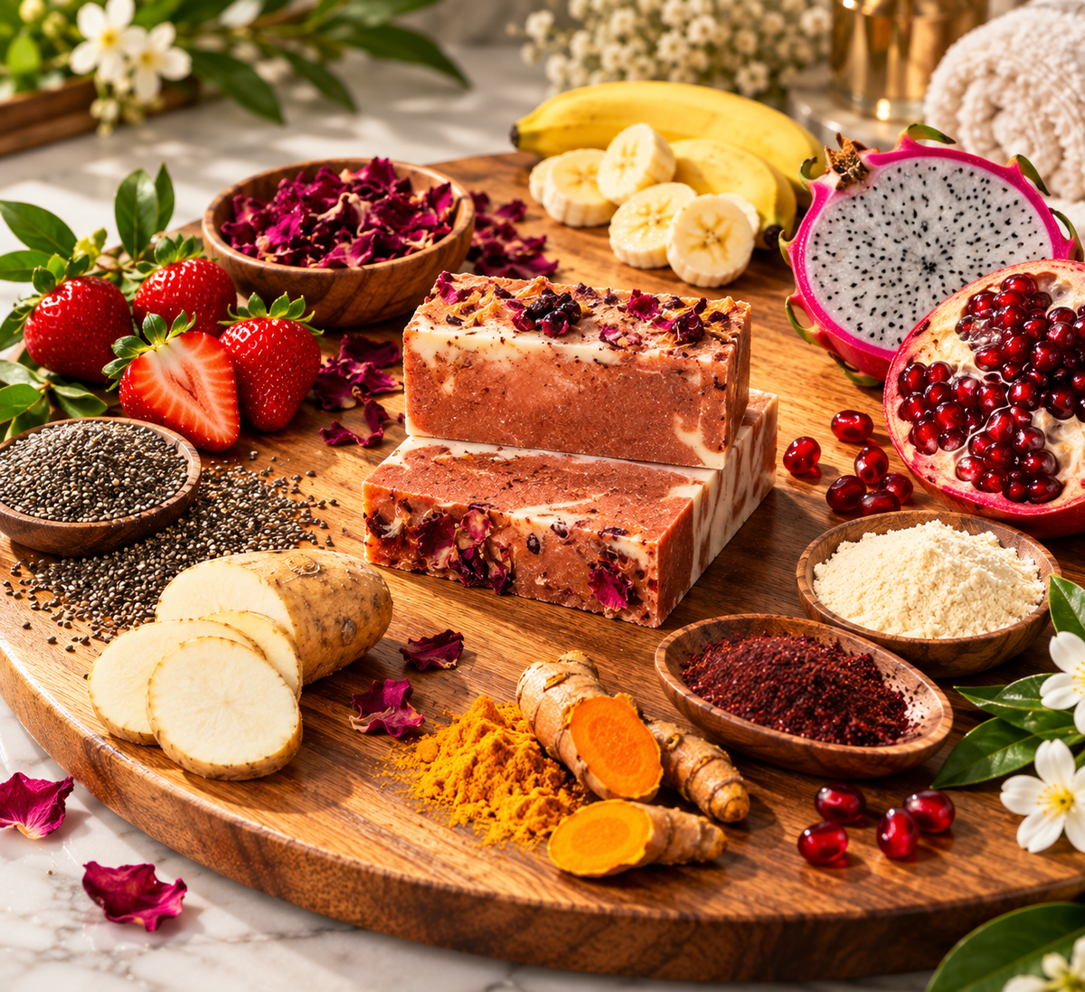 Beauty For Ashes Brightening Soap Bar by LOVEBYEMMASKINCARE with artisanal rose petals and tropical ingredients for radiant skin.