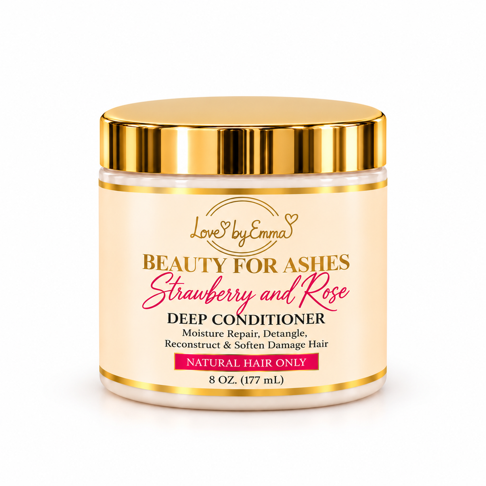 Beauty For Ashes LOVEBYEMMASKINCARE deep conditioner jar with black lid, showing rich creamy texture inside.