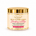 Beauty For Ashes LOVEBYEMMASKINCARE deep conditioner jar with black lid, showing rich creamy texture inside.