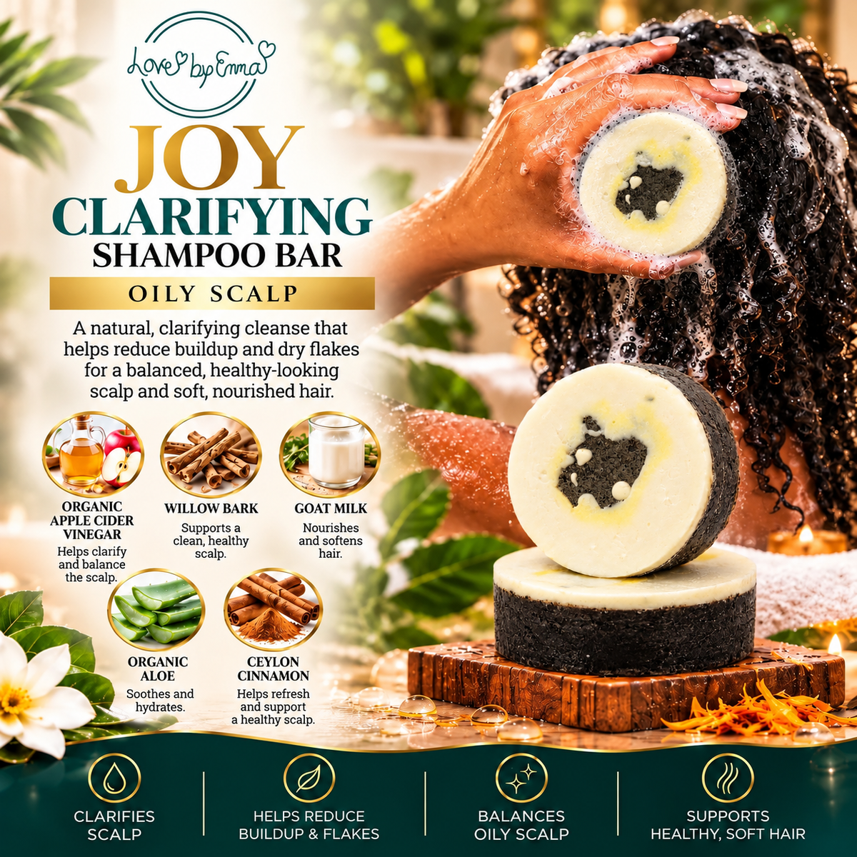 Joy Shampoo Bar by LOVEBYEMMASKINCARE, natural solid shampoo bar with gentle cleansing for healthy hair and scalp.
