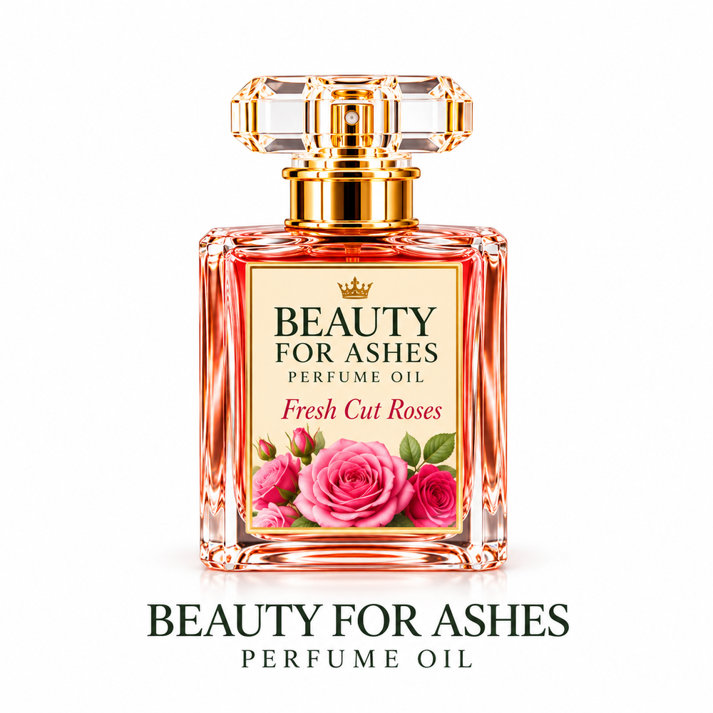 Beauty For Ashes rose perfume by LOVEBYEMMASKINCARE featuring a sleek glass bottle with a floral design and elegant cap.