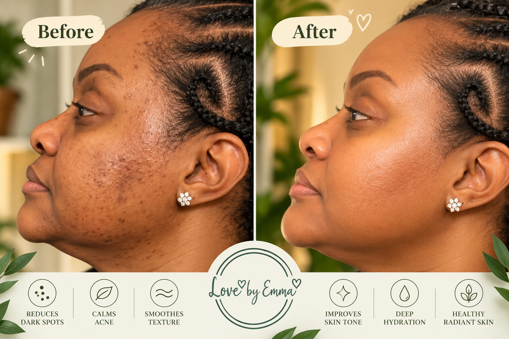 Joy Gentle Exfoliate soap bar by LOVEBYEMMASKINCARE shown with before and after skincare glow images, highlighting smooth, refreshed skin.