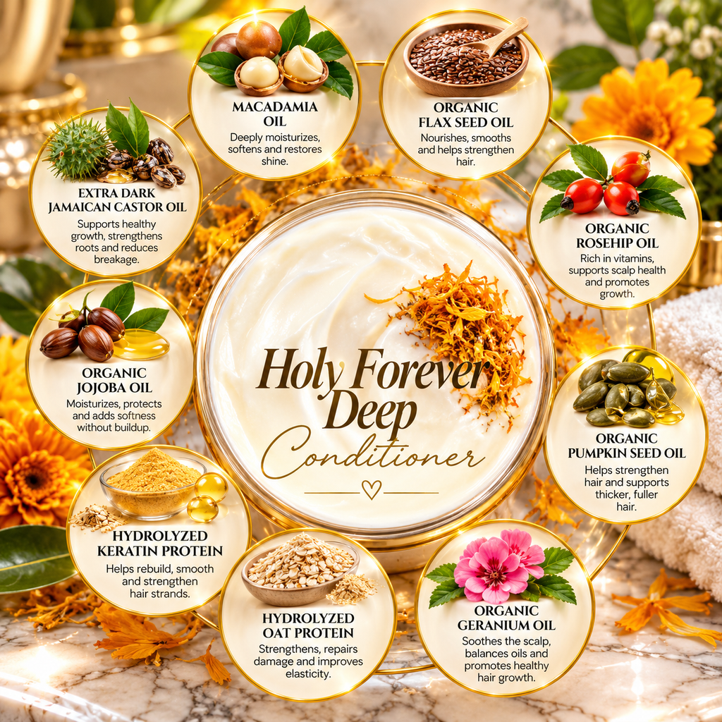 Infographic of LOVEBYEMMASKINCARE Holy Forever Honey Deep Conditioner featuring calendula and natural ingredients for nourishing hair.