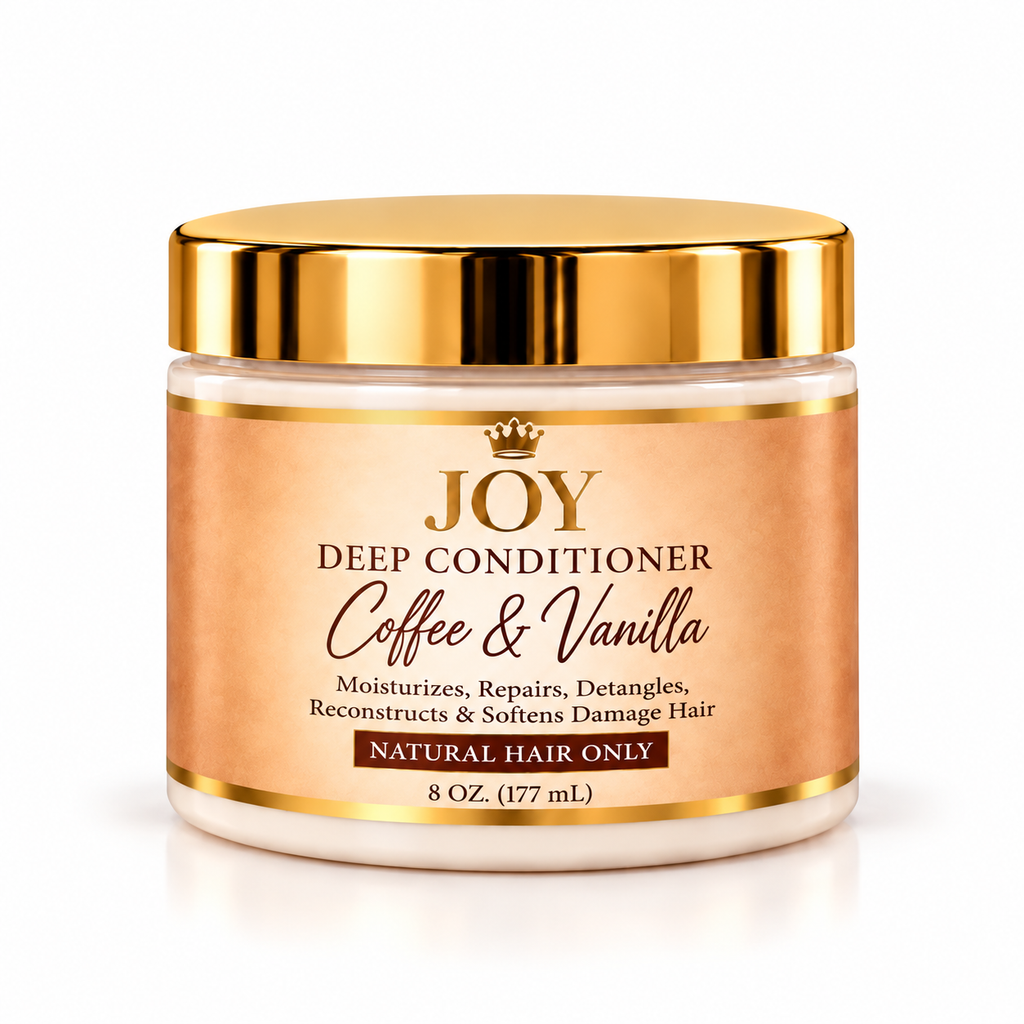 Joy Coffee & Vanilla Light Deep Conditioner bottle from LOVEBYEMMASKINCARE, showing the sleek packaging and product label.