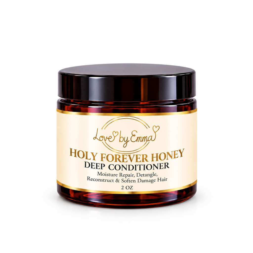 LOVEBYEMMASKINCARE Holy Forever Honey Deep Conditioner jar showing the product label and creamy texture.