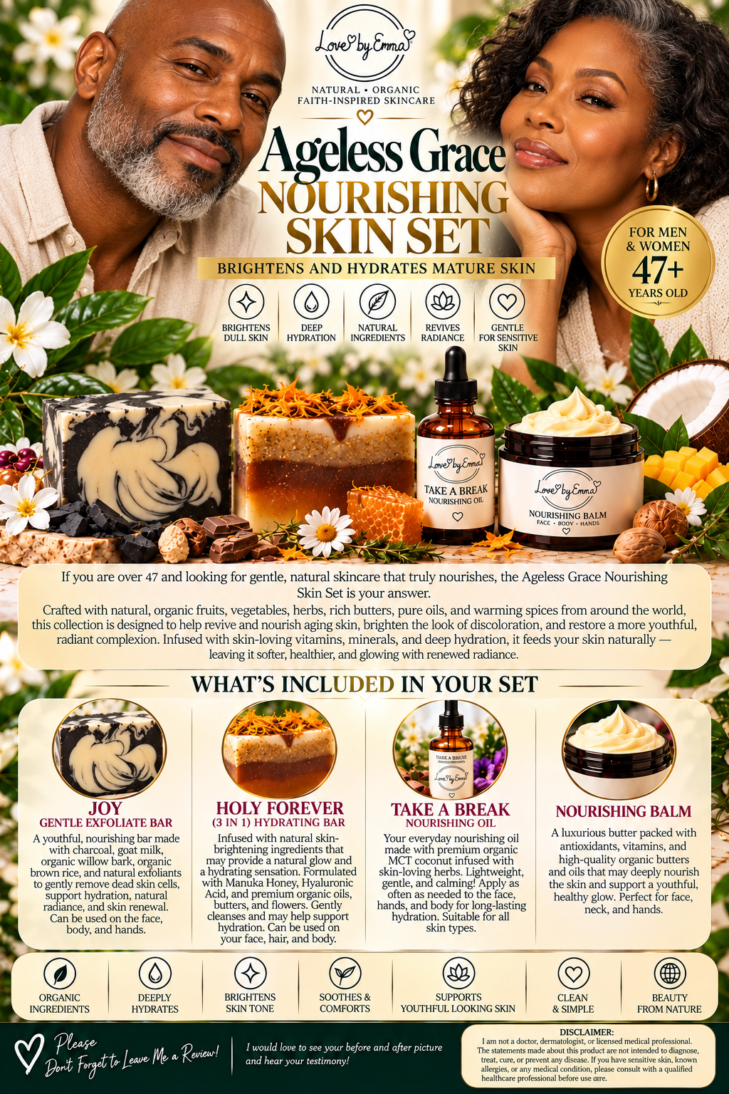 Lovebyemmaskincare Ageless Grace Nourishing Soap Bar with natural ingredients, smooth texture, and elegant packaging.