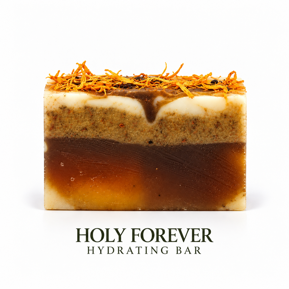 Holy Forever Hydrating & Brightening Soap Bar by LOVEBYEMMASKINCARE, showing a white soap bar with a smooth surface and branding details.