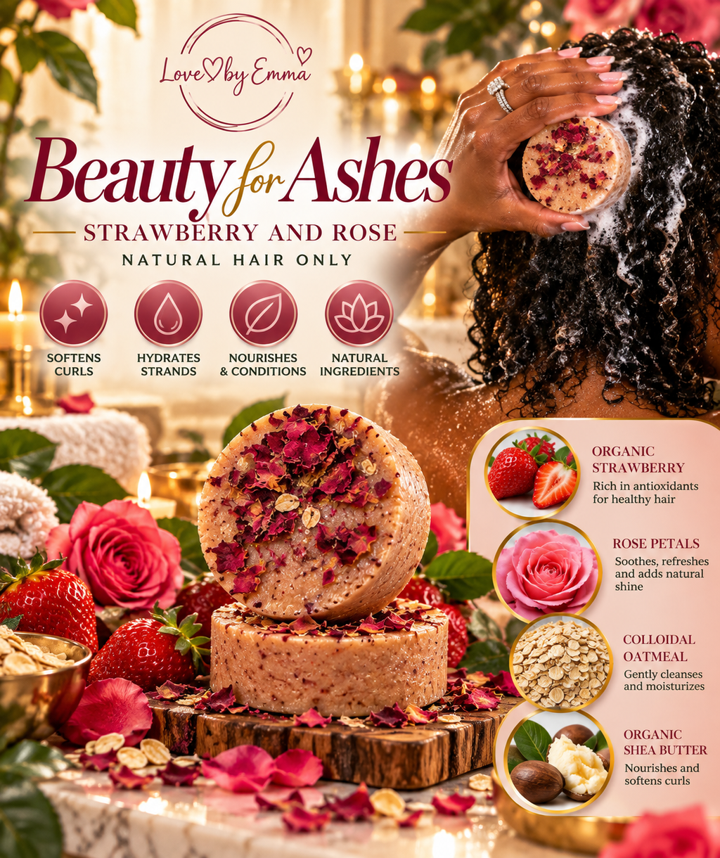 Beauty for Ashes Shampoo Bar by LOVEBYEMMASKINCARE, natural soap bar with herbal ingredients for healthy hair care.