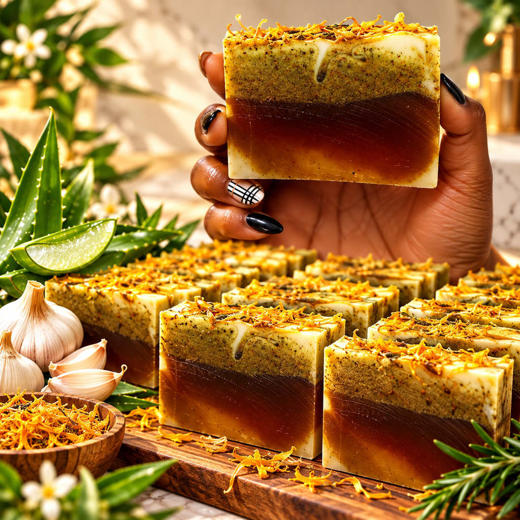 Golden artisan soap bar by LOVEBYEMMASKINCARE, hydrating and brightening Holy Forever soap with botanical design.