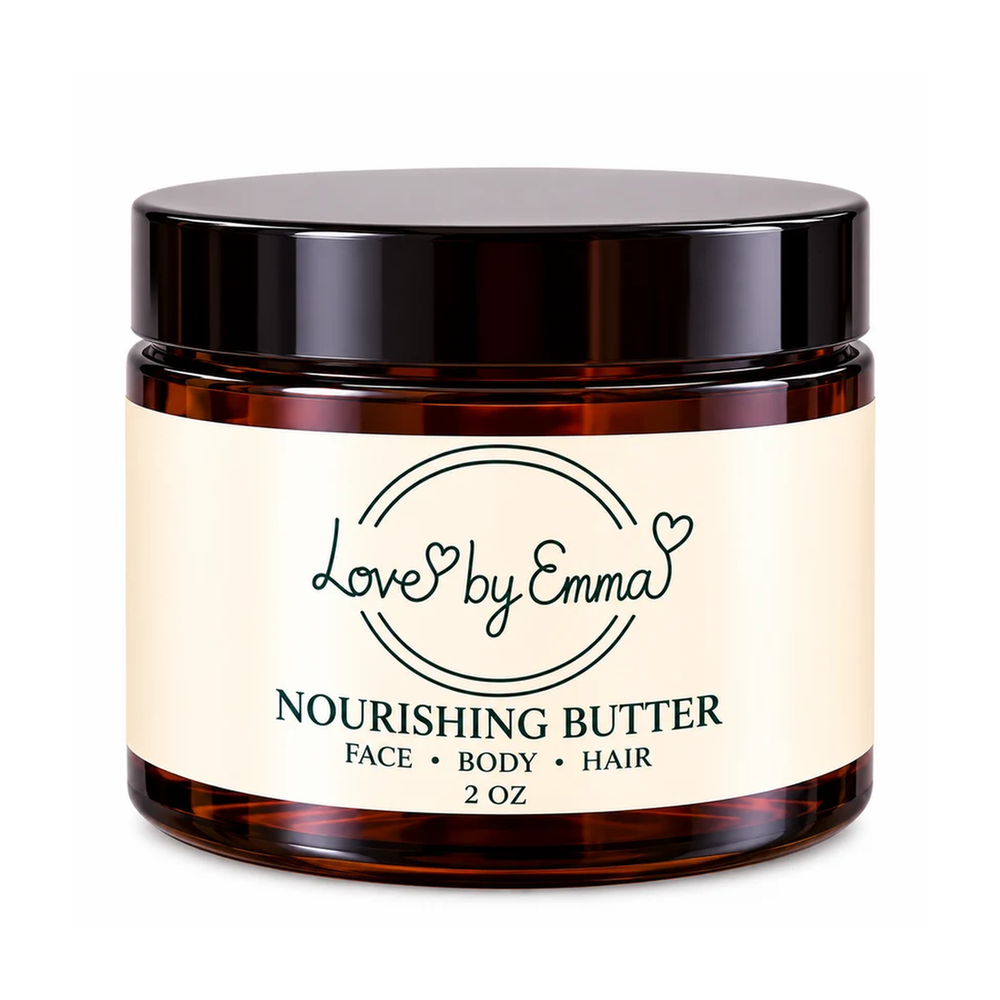 LOVEBYEMMASKINCARE nourishing face butter in a jar, suitable for face, body, and scalp skincare, with a creamy, smooth texture.