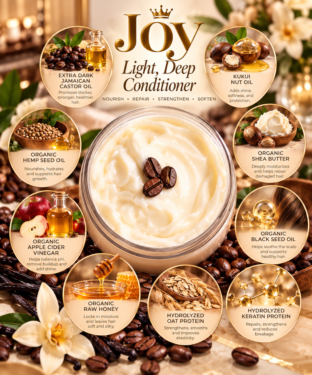 Joy Coffee & Vanilla deep conditioner by LOVEBYEMMASKINCARE with coffee and vanilla ingredients, shown in a clear container.