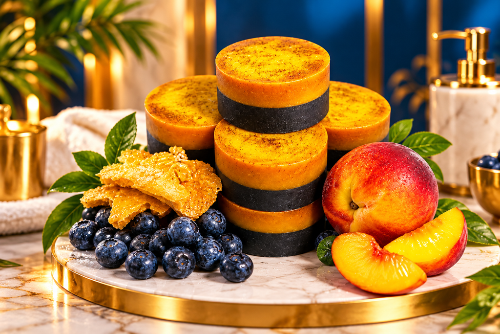 Luxury NYC Vegan Citrus and Charcoal Spa Soap Bar by LOVEBYEMMASKINCARE, showcasing a vibrant citrus scent and black charcoal accents.