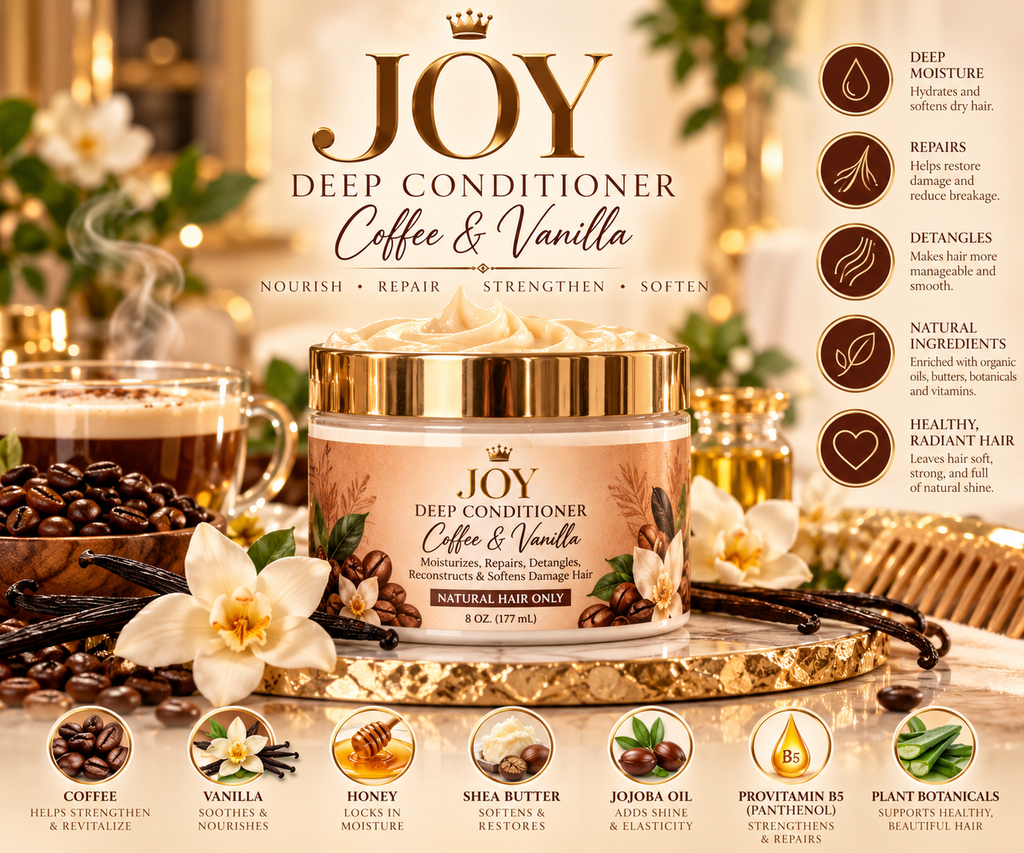 LOVEBYEMMASKINCARE Joy Coffee & Vanilla Deep Conditioner bottle with luxurious coffee and vanilla scent for nourishing hair.