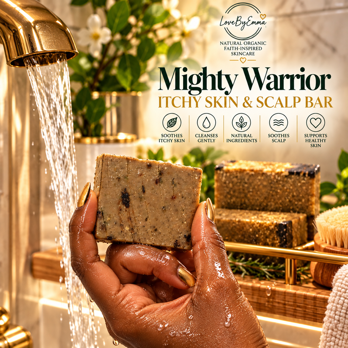 LOVEBYEMMASKINCARE Mighty Warrior herbal soap bar designed to soothe itchy skin and scalp with natural ingredients.