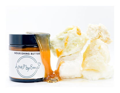Creamy nourishing butter for face, body, and scalp by My Store, 2oz, suitable for all skin types, shown in a white jar.