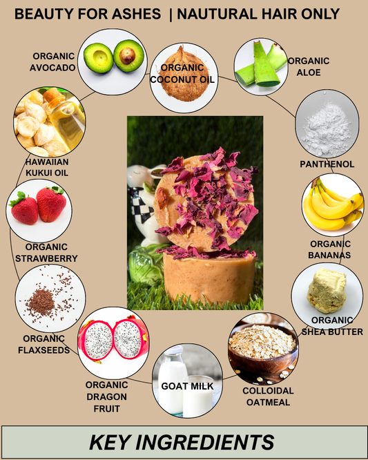 Beauty For Ashes shampoo bar key ingredients for natural hair - avocado, coconut oil, aloe, kukui oil, strawberry, shea butter and oatmeal
