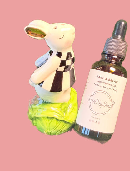 Nourishing "Take a Break" oil by My Store, 1oz, for face, scalp, and body, shown in a clear bottle with a pump dispenser.