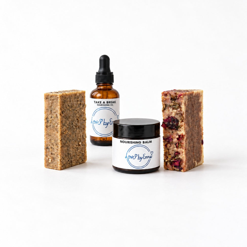Love By Emma Eczema Soothing Skin Set with two handmade soap bars, Take A Break nourishing oil and Nourishing Balm