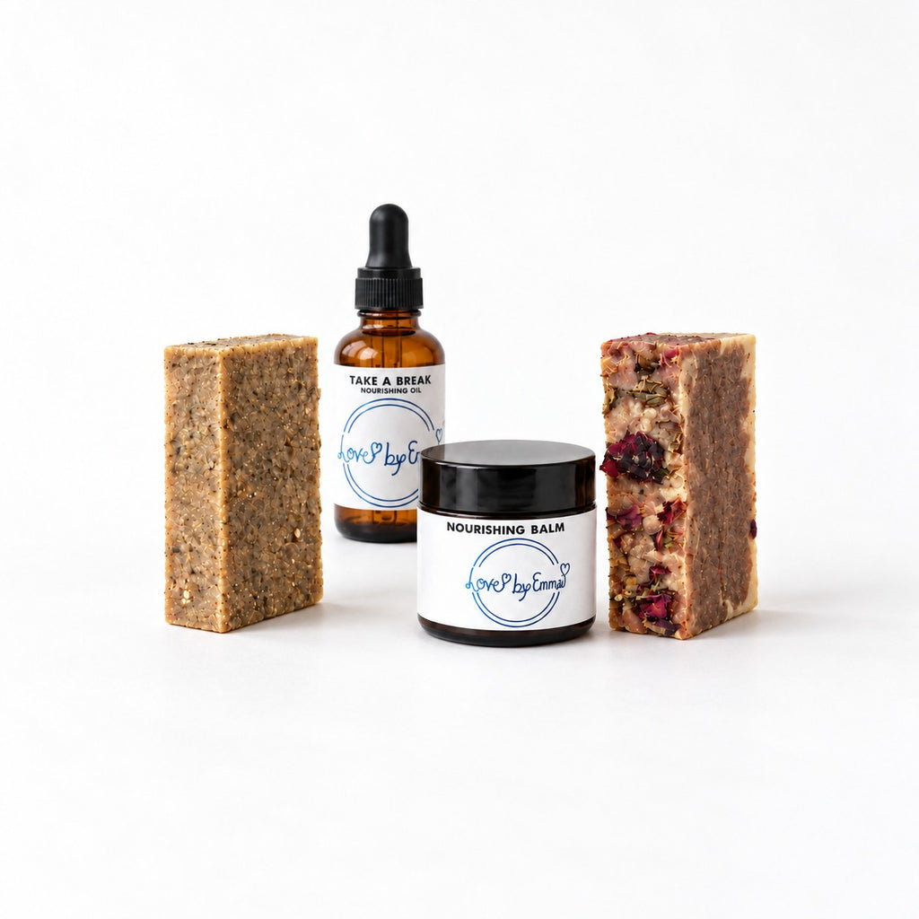 Love By Emma Eczema Soothing Skin Set with two handmade soap bars, Take A Break nourishing oil and Nourishing Balm