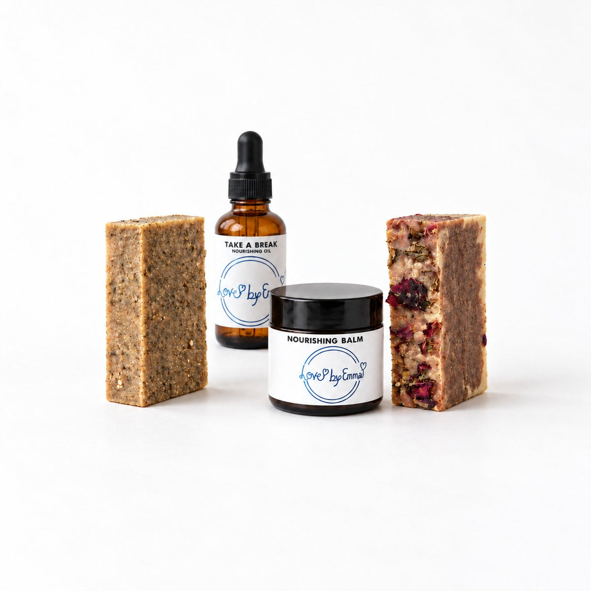 Love By Emma Eczema Soothing Skin Set with two handmade soap bars, Take A Break nourishing oil and Nourishing Balm