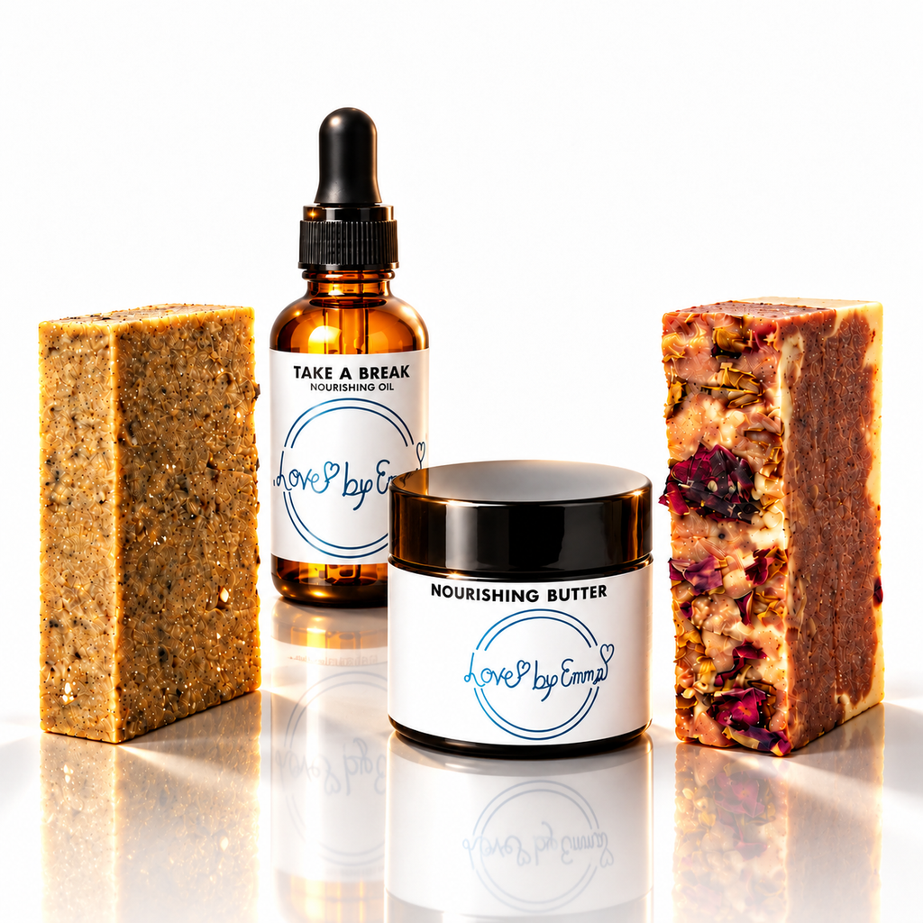 Eczema Soothing Skin Set soap bars with Take A Break nourishing oil and Nourishing Butter on a white background