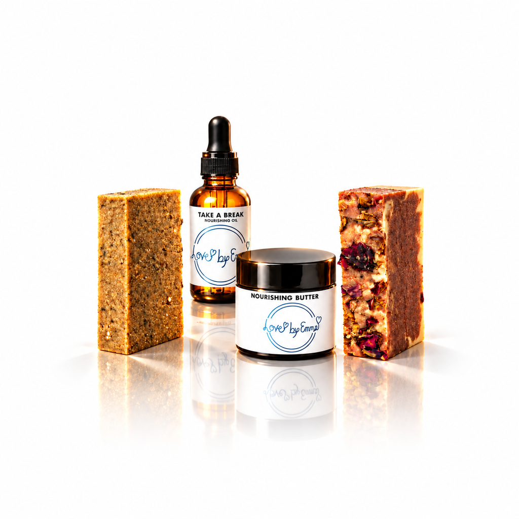 Eczema Soothing Skin Set with two handmade soap bars, Take A Break nourishing oil and Nourishing Butter