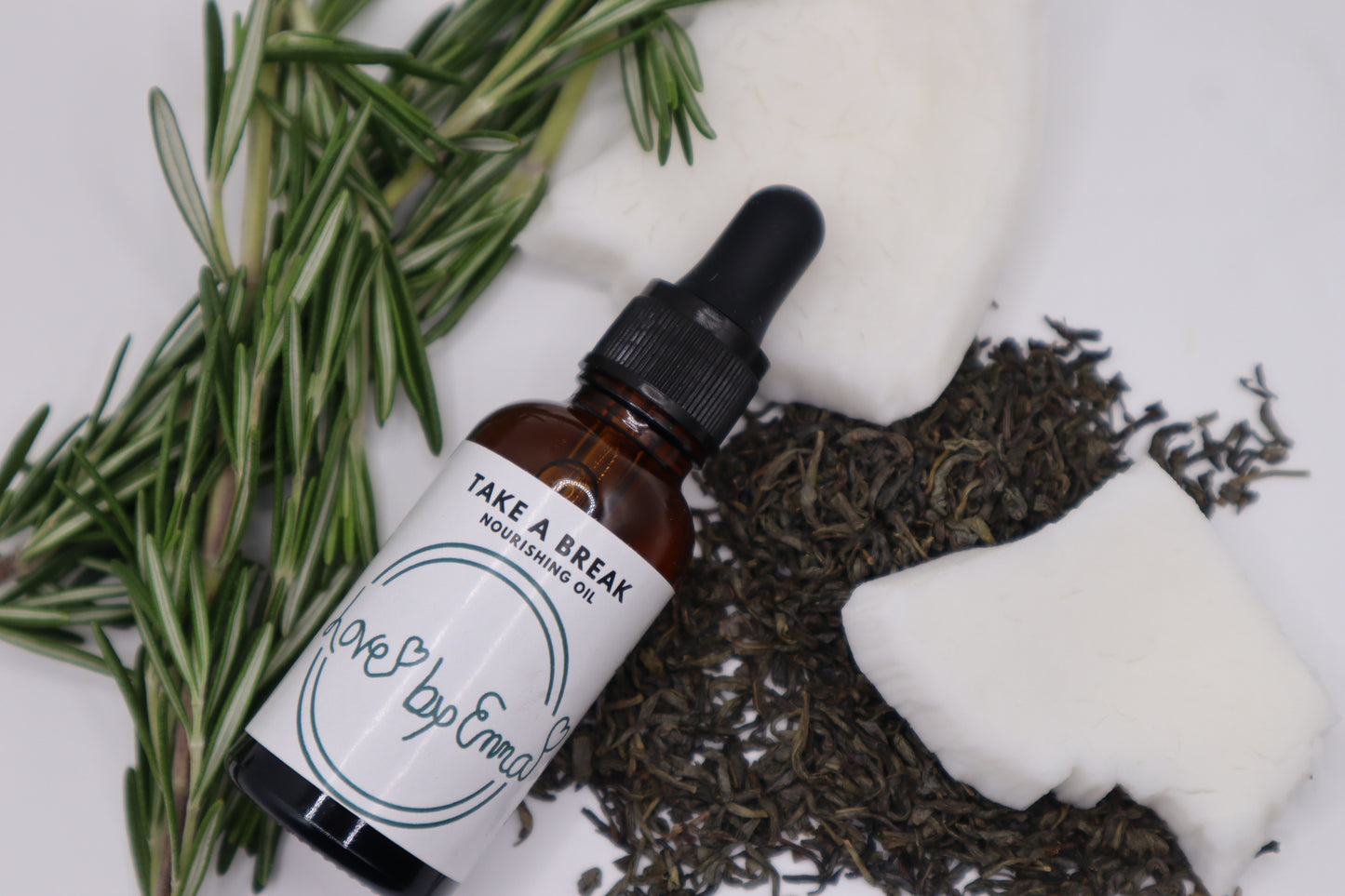 "Take a Break Nourishing Oil by My Store, 1oz, for face, scalp, and body, with dry and oily skin visible in the image."
