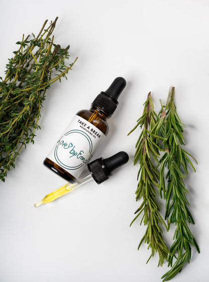 "Take a Break Nourishing Oil for face, scalp, and body by My Store, 1oz bottle with clear label, suitable for dry and oily skin."